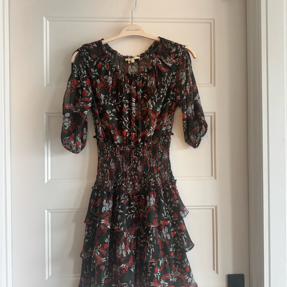 Maje Midi Sleeve Flattering Floral Black and Red Women's Dress